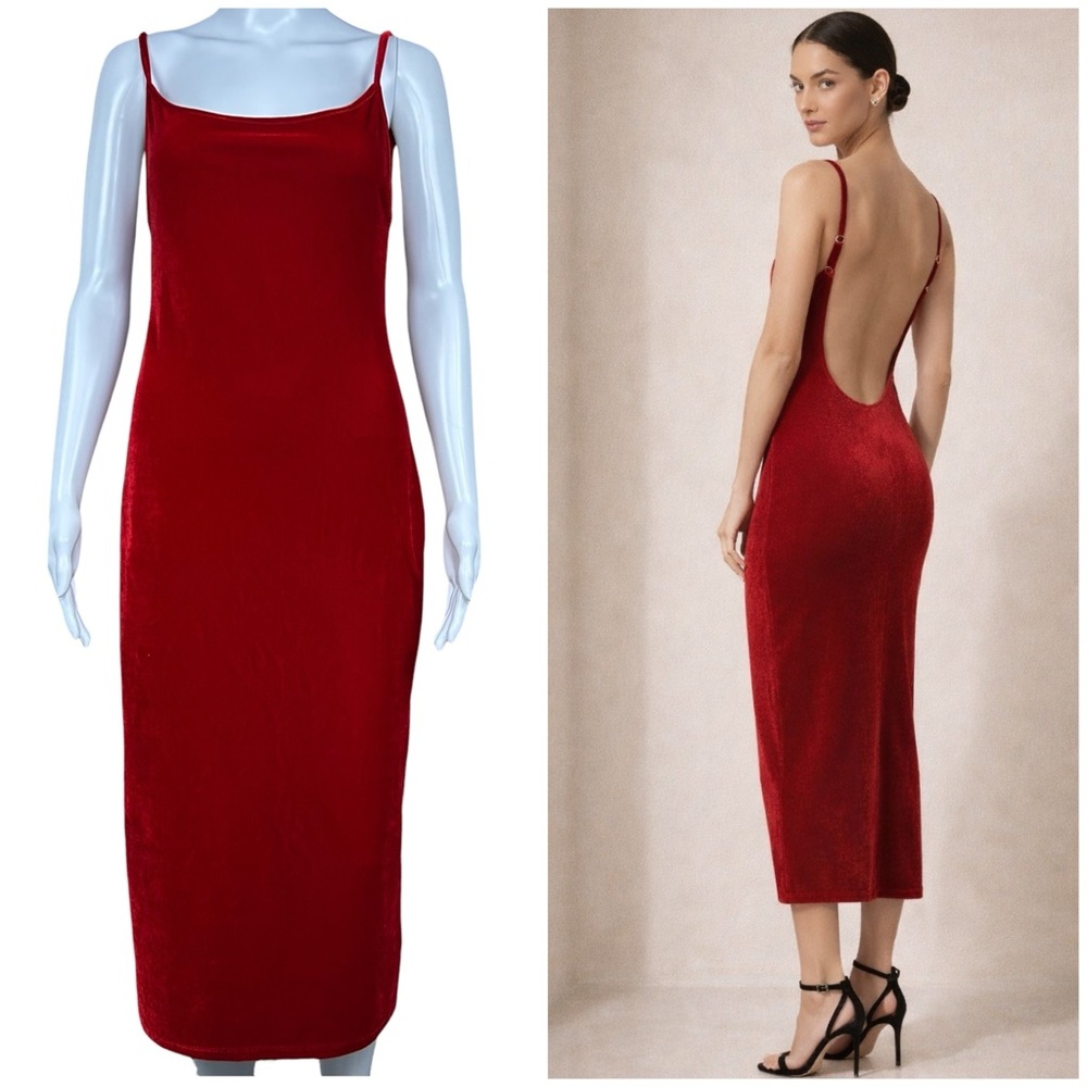 Reformation Merel Red Velvet Slip Midi Dress Size M Low Back 90s Minimal Party